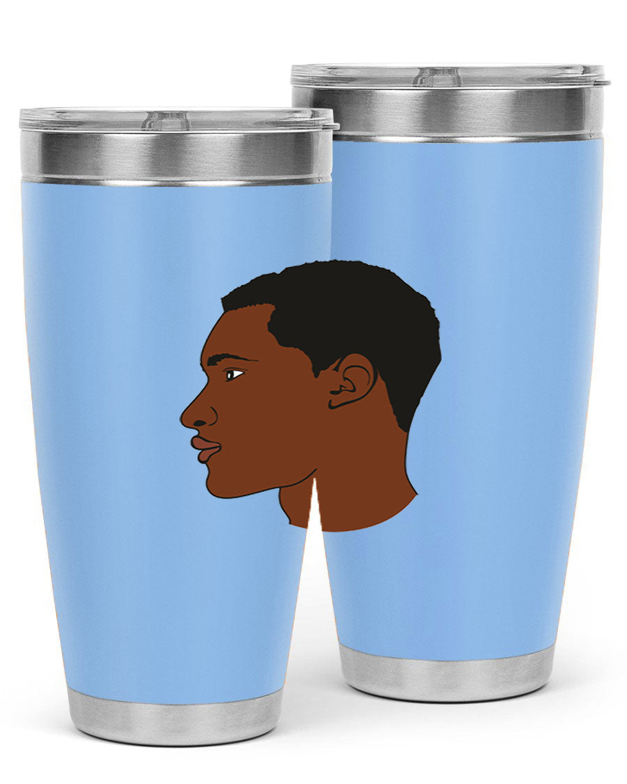 A sleek black man tumbler made of stainless steel, featuring a double wall vacuum design and a drink-thru lid, perfect for hot and cold beverages.