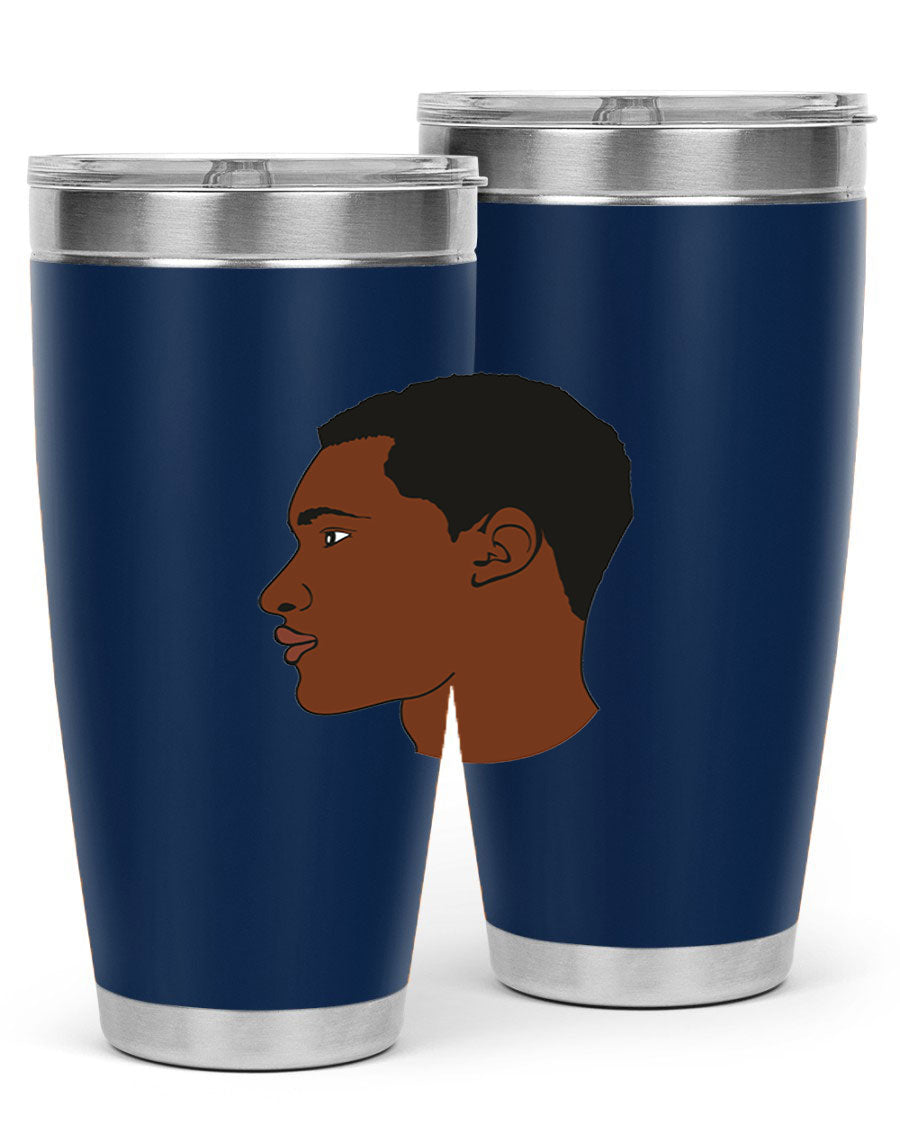 A sleek black man tumbler made of stainless steel, featuring a double wall vacuum design and a drink-thru lid, perfect for hot and cold beverages.