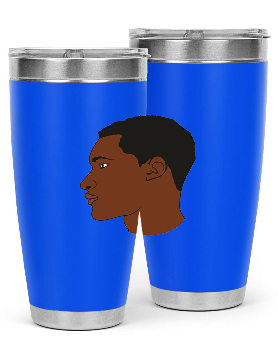 A sleek black man tumbler made of stainless steel, featuring a double wall vacuum design and a drink-thru lid, perfect for hot and cold beverages.