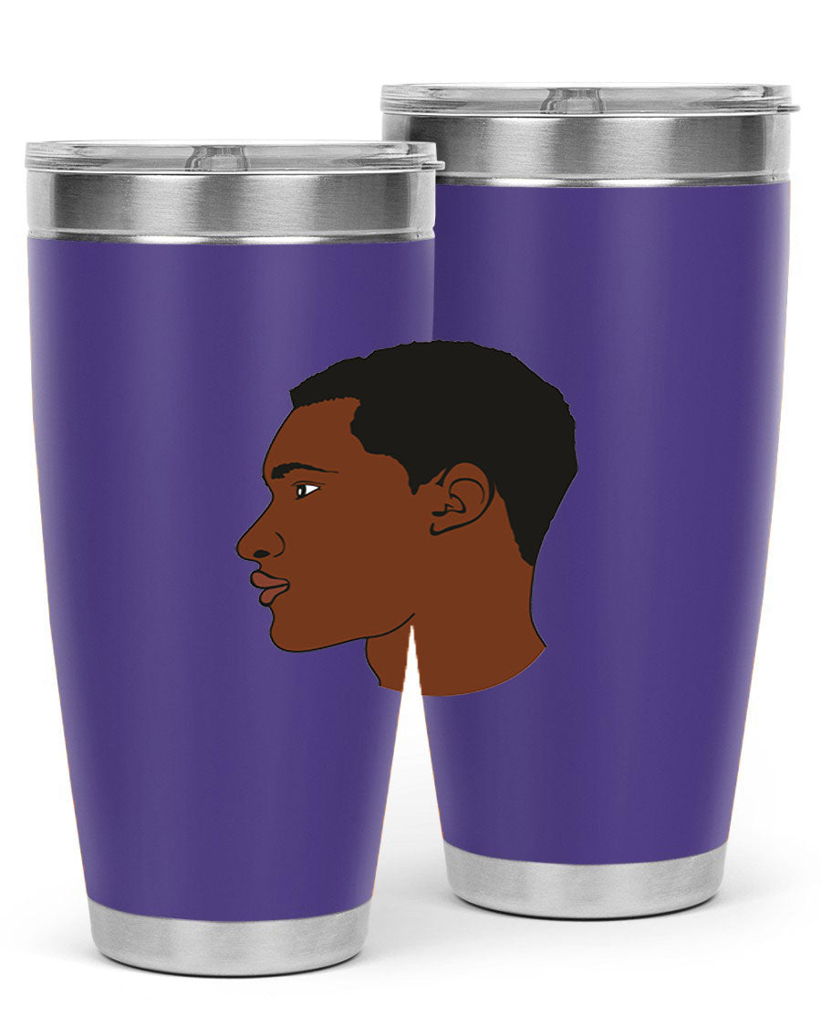 A sleek black man tumbler made of stainless steel, featuring a double wall vacuum design and a drink-thru lid, perfect for hot and cold beverages.