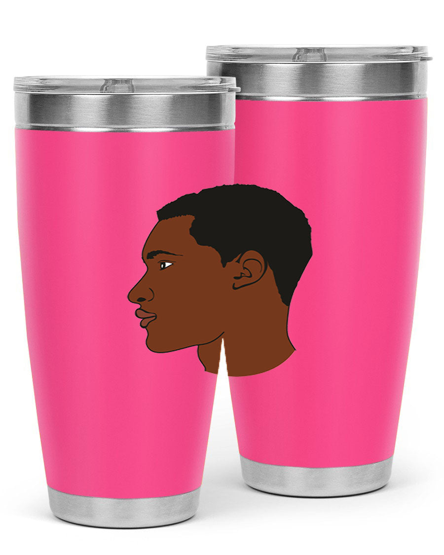 A sleek black man tumbler made of stainless steel, featuring a double wall vacuum design and a drink-thru lid, perfect for hot and cold beverages.