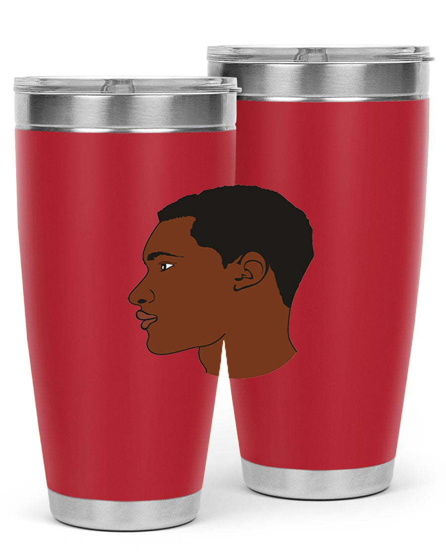 A sleek black man tumbler made of stainless steel, featuring a double wall vacuum design and a drink-thru lid, perfect for hot and cold beverages.