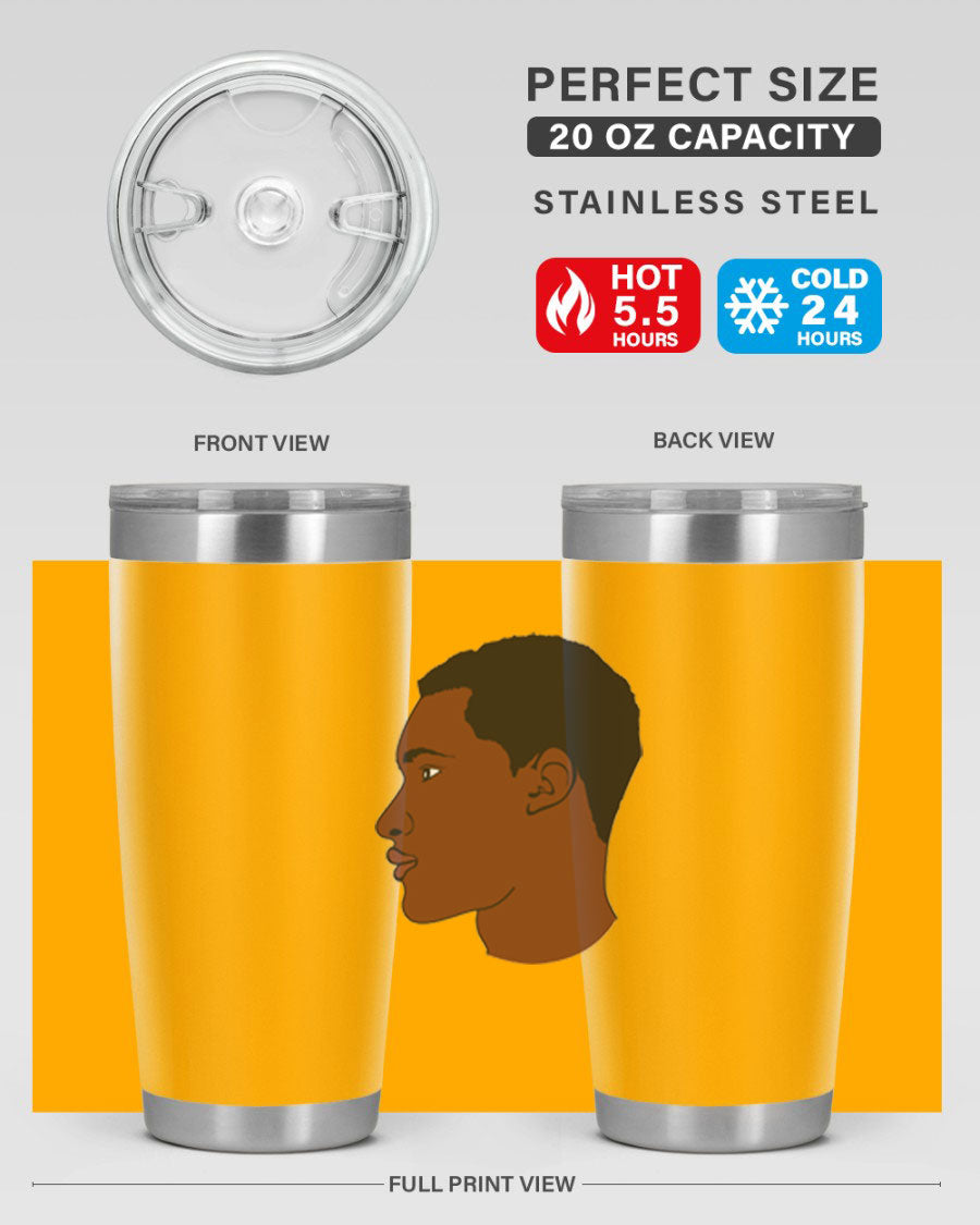 A sleek black man tumbler made of stainless steel, featuring a double wall vacuum design and a drink-thru lid, perfect for hot and cold beverages.