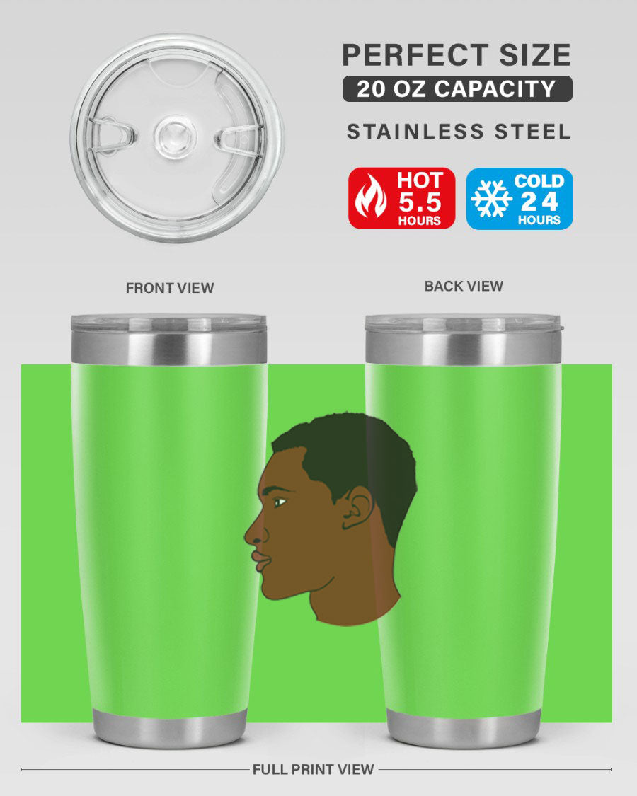 A sleek black man tumbler made of stainless steel, featuring a double wall vacuum design and a drink-thru lid, perfect for hot and cold beverages.