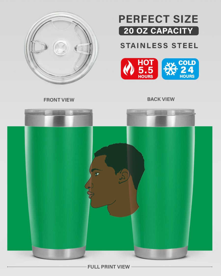 A sleek black man tumbler made of stainless steel, featuring a double wall vacuum design and a drink-thru lid, perfect for hot and cold beverages.