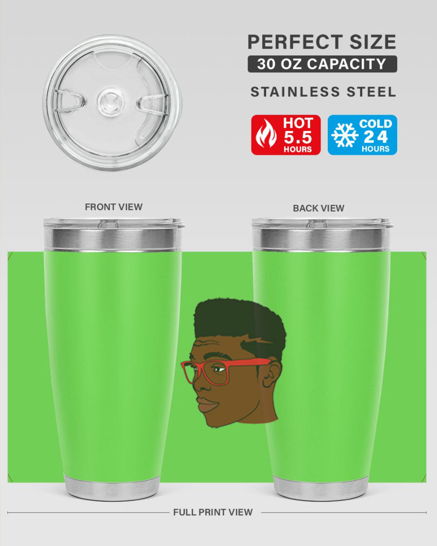 Black man tumbler featuring a sleek design, double wall vacuum stainless steel construction, and a press-in drink-thru lid.