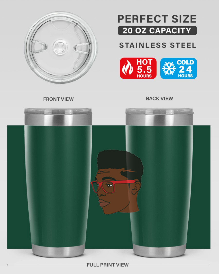 Black man tumbler featuring a sleek design, double wall vacuum stainless steel construction, and a press-in drink-thru lid.