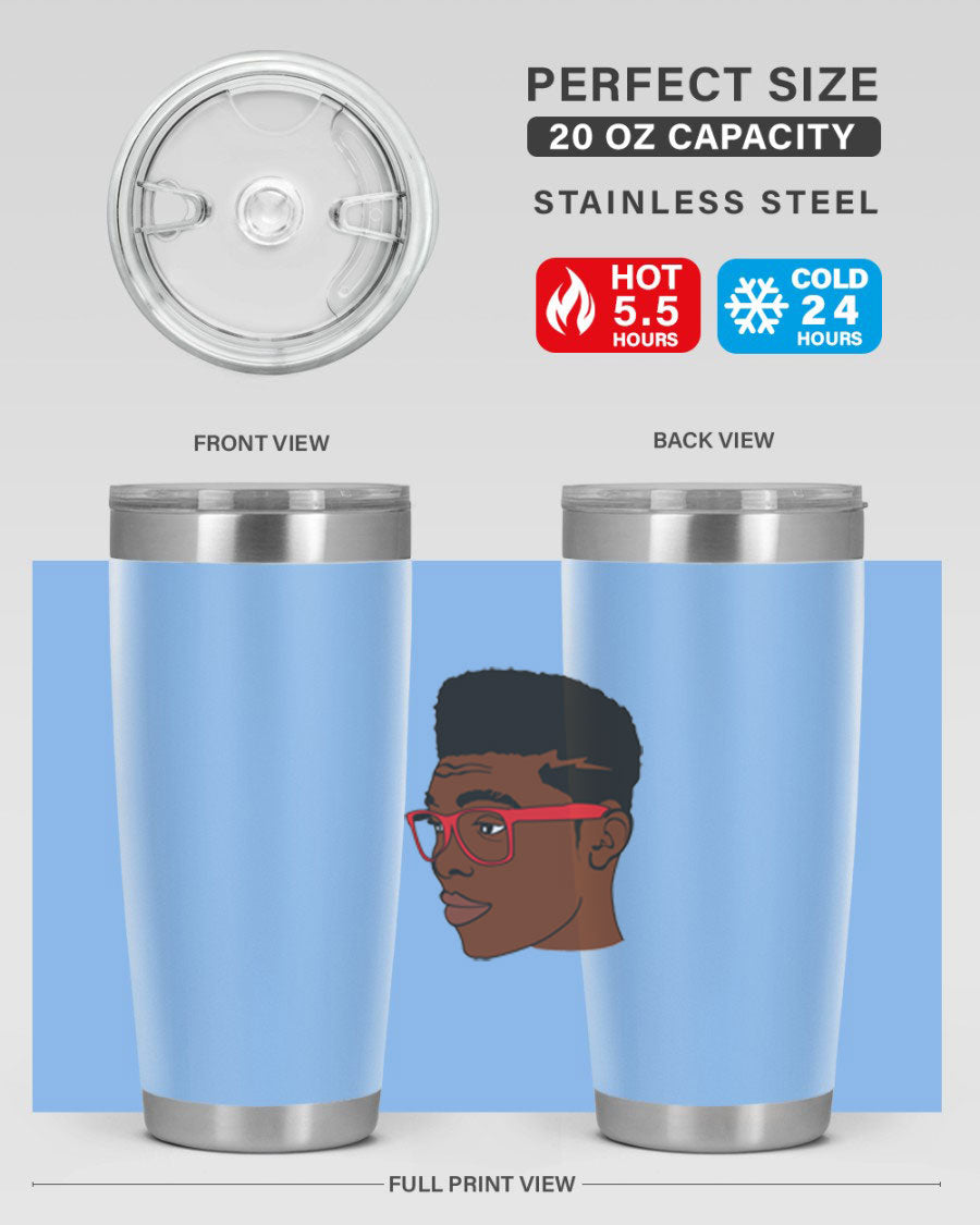 Black man tumbler featuring a sleek design, double wall vacuum stainless steel construction, and a press-in drink-thru lid.