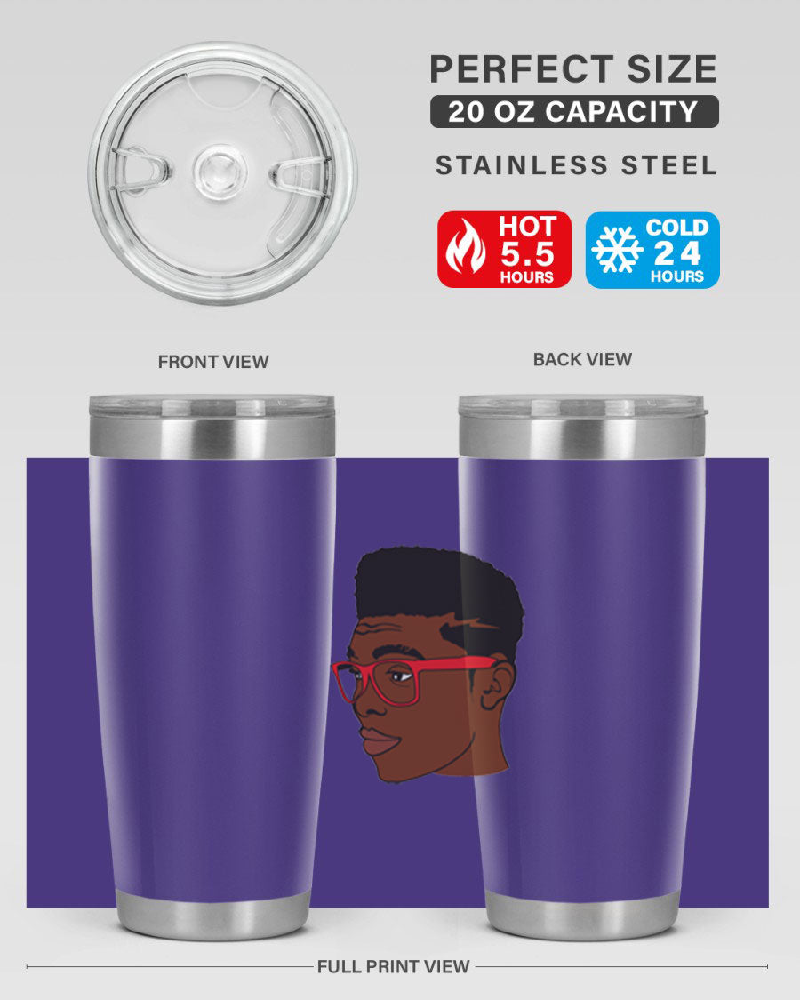 Black man tumbler featuring a sleek design, double wall vacuum stainless steel construction, and a press-in drink-thru lid.