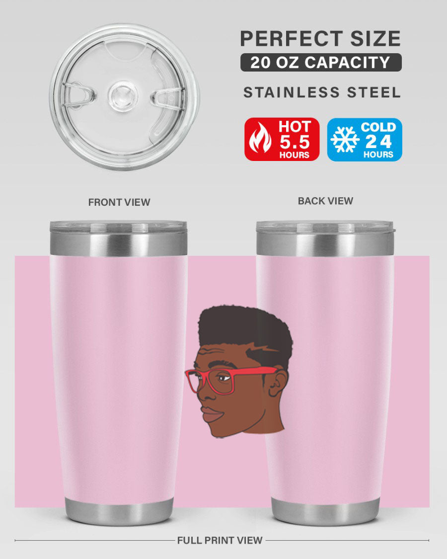 Black man tumbler featuring a sleek design, double wall vacuum stainless steel construction, and a press-in drink-thru lid.