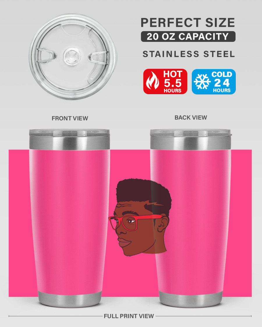 Black man tumbler featuring a sleek design, double wall vacuum stainless steel construction, and a press-in drink-thru lid.