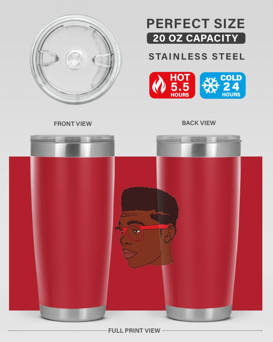 Black man tumbler featuring a sleek design, double wall vacuum stainless steel construction, and a press-in drink-thru lid.