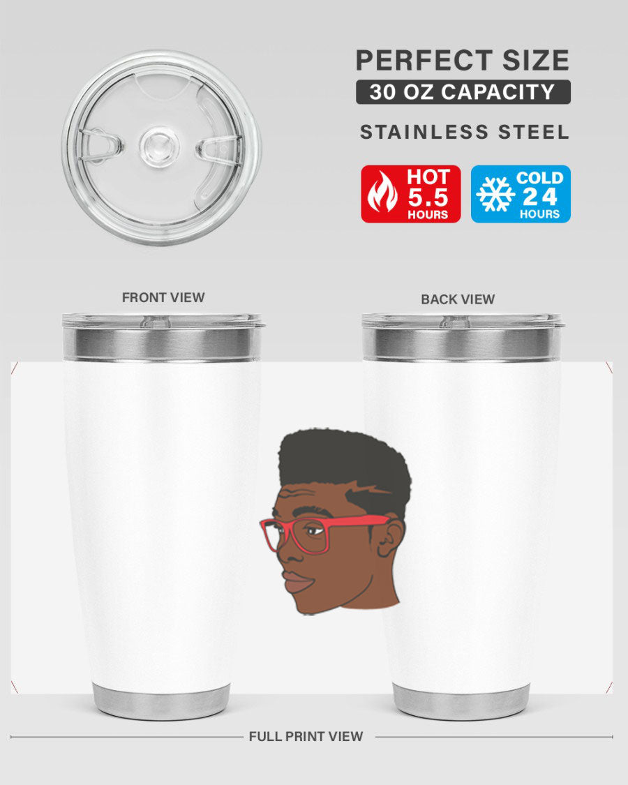 Black man tumbler featuring a sleek design, double wall vacuum stainless steel construction, and a press-in drink-thru lid.