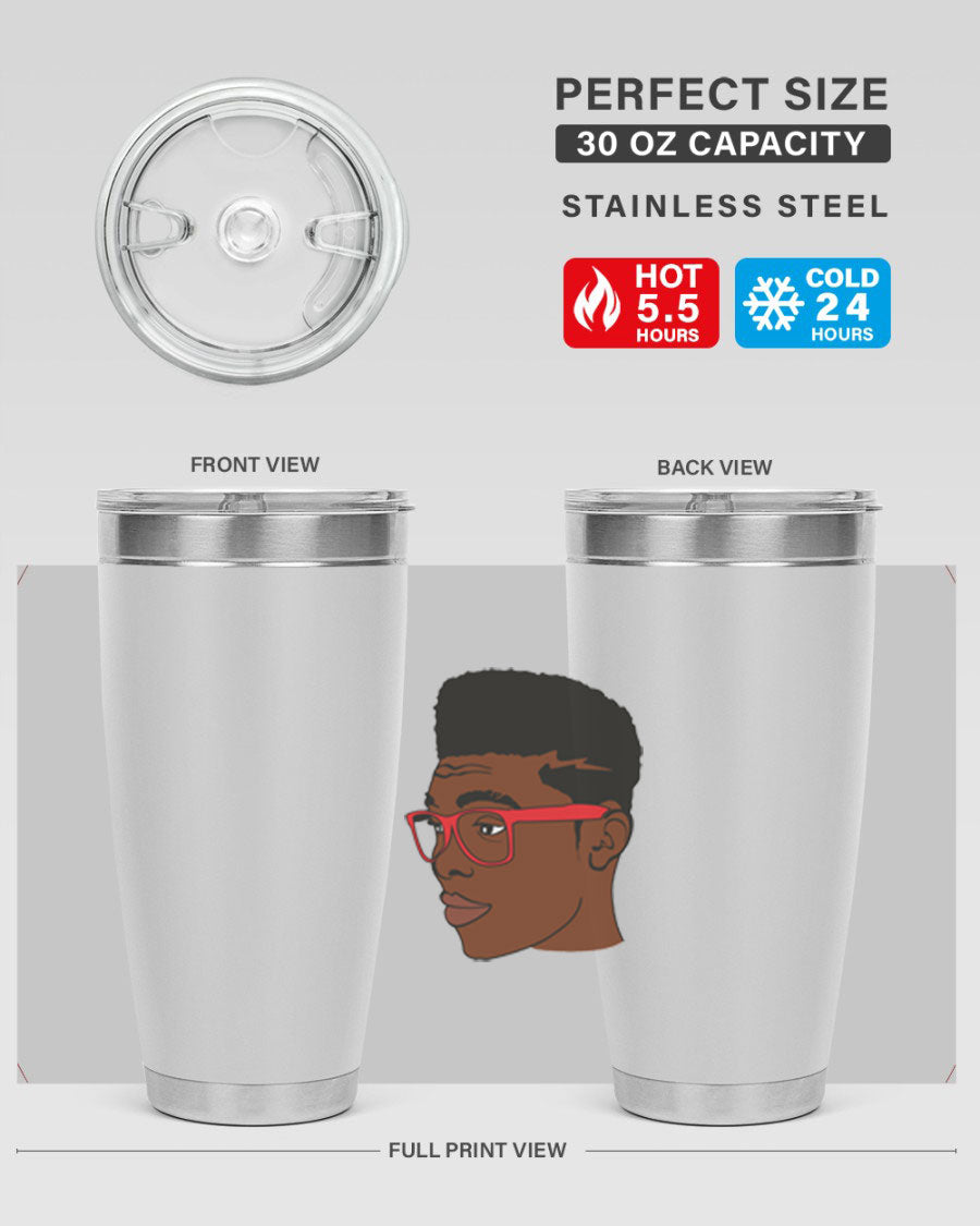 Black man tumbler featuring a sleek design, double wall vacuum stainless steel construction, and a press-in drink-thru lid.