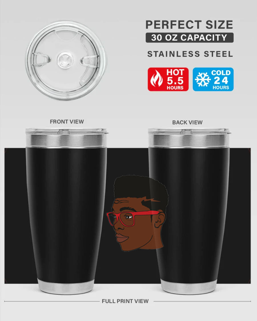 Black man tumbler featuring a sleek design, double wall vacuum stainless steel construction, and a press-in drink-thru lid.