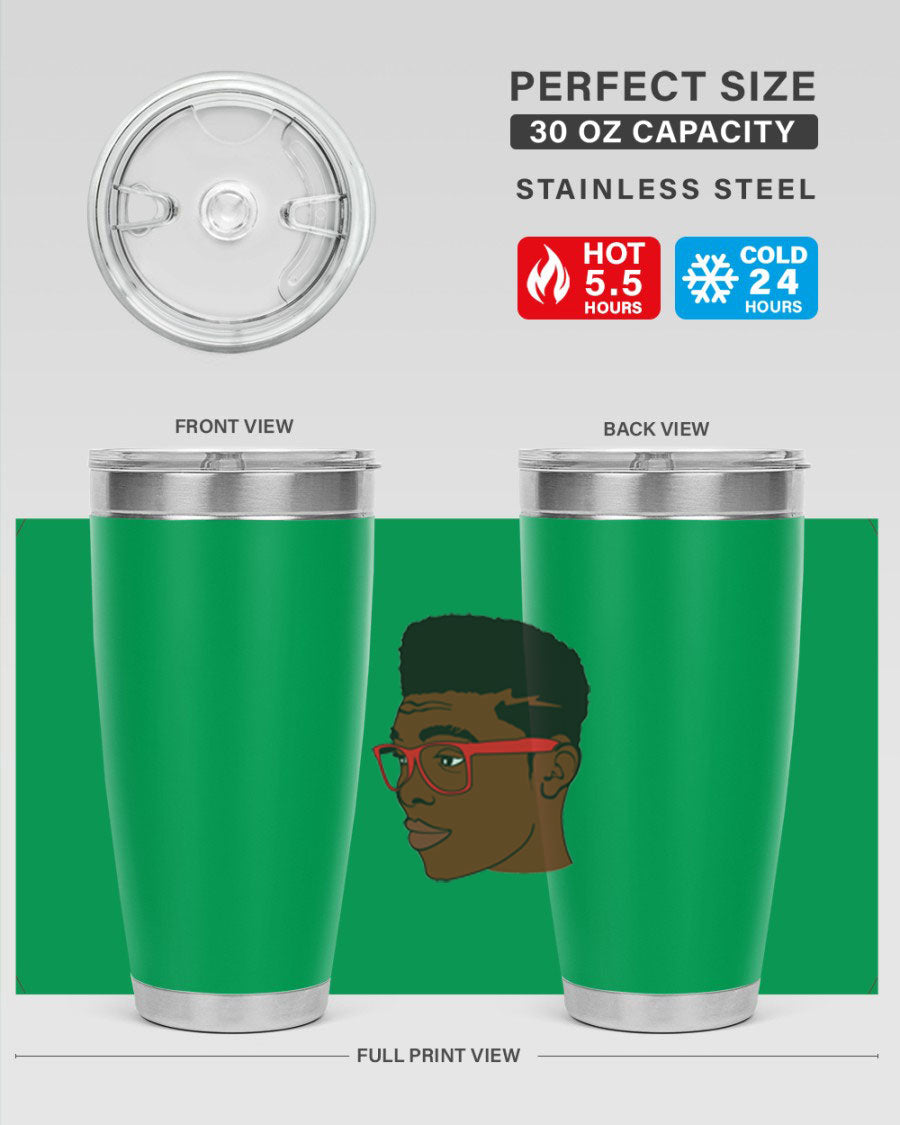 Black man tumbler featuring a sleek design, double wall vacuum stainless steel construction, and a press-in drink-thru lid.