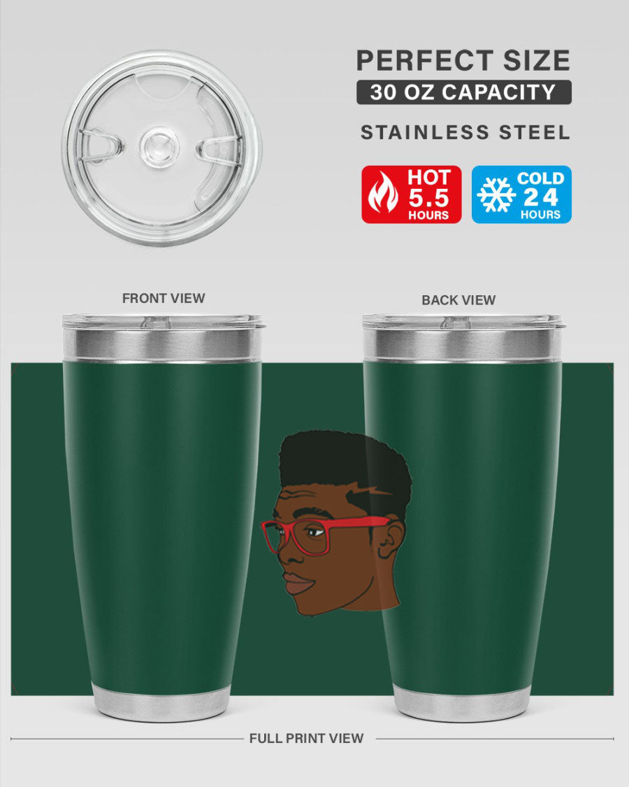 Black man tumbler featuring a sleek design, double wall vacuum stainless steel construction, and a press-in drink-thru lid.