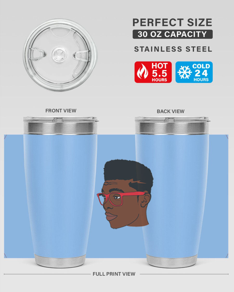 Black man tumbler featuring a sleek design, double wall vacuum stainless steel construction, and a press-in drink-thru lid.