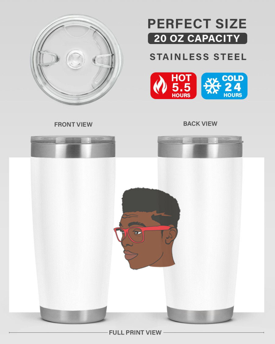 Black man tumbler featuring a sleek design, double wall vacuum stainless steel construction, and a press-in drink-thru lid.