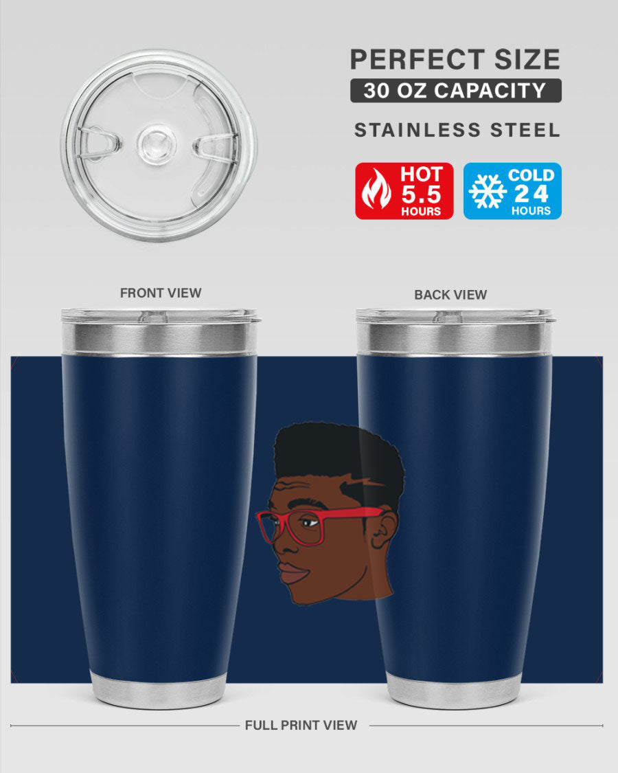 Black man tumbler featuring a sleek design, double wall vacuum stainless steel construction, and a press-in drink-thru lid.