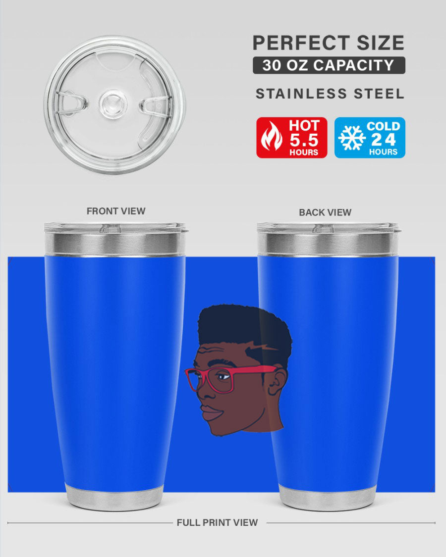 Black man tumbler featuring a sleek design, double wall vacuum stainless steel construction, and a press-in drink-thru lid.