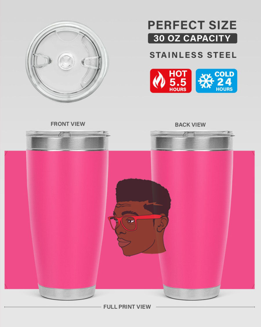 Black man tumbler featuring a sleek design, double wall vacuum stainless steel construction, and a press-in drink-thru lid.