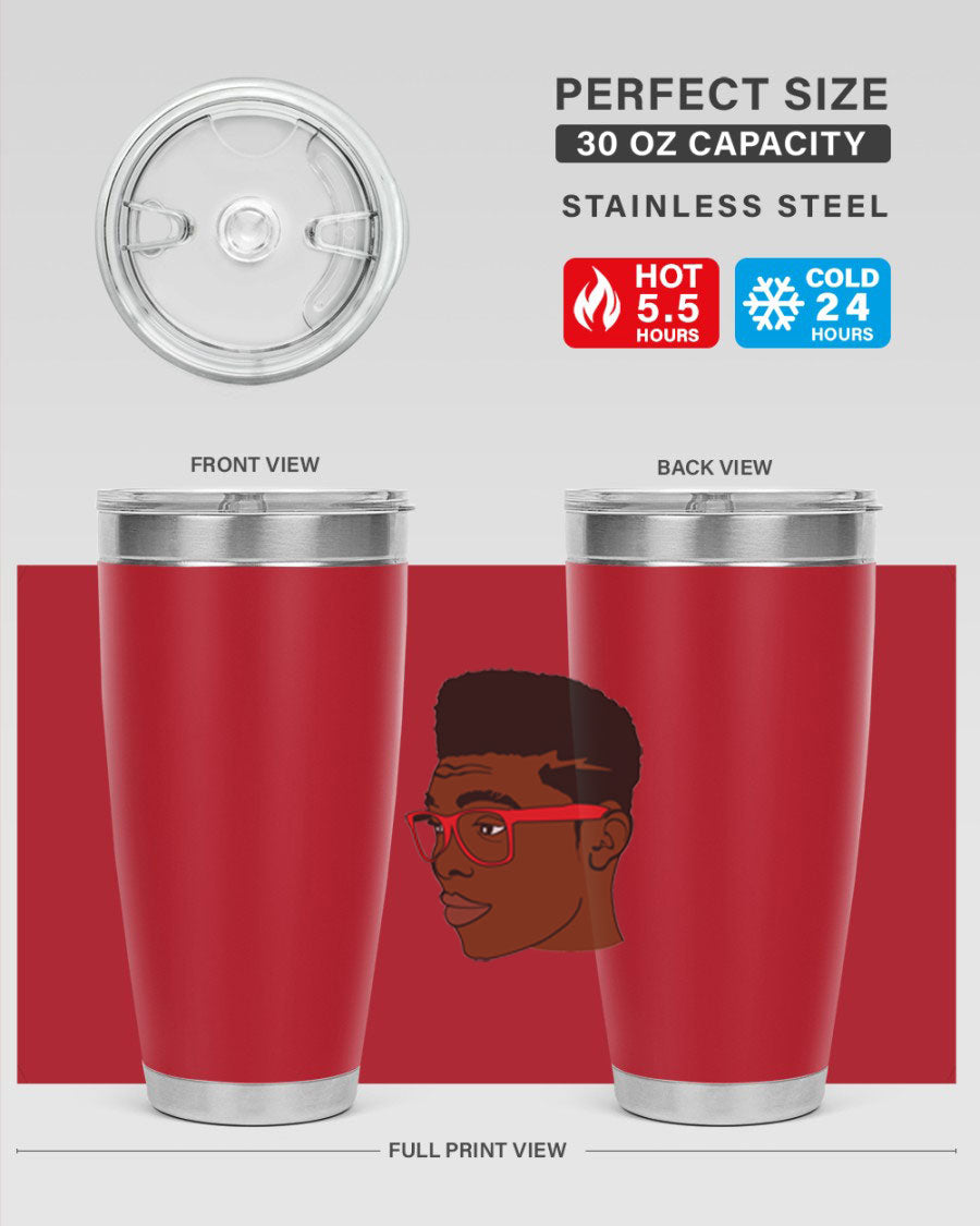 Black man tumbler featuring a sleek design, double wall vacuum stainless steel construction, and a press-in drink-thru lid.