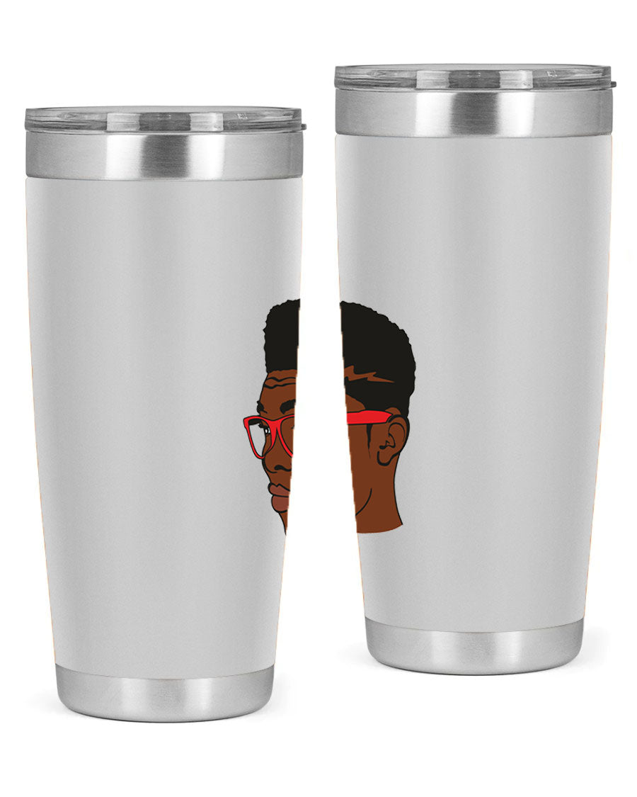 Black man tumbler featuring a sleek design, double wall vacuum stainless steel construction, and a press-in drink-thru lid.