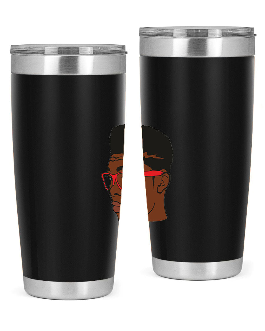 Black man tumbler featuring a sleek design, double wall vacuum stainless steel construction, and a press-in drink-thru lid.