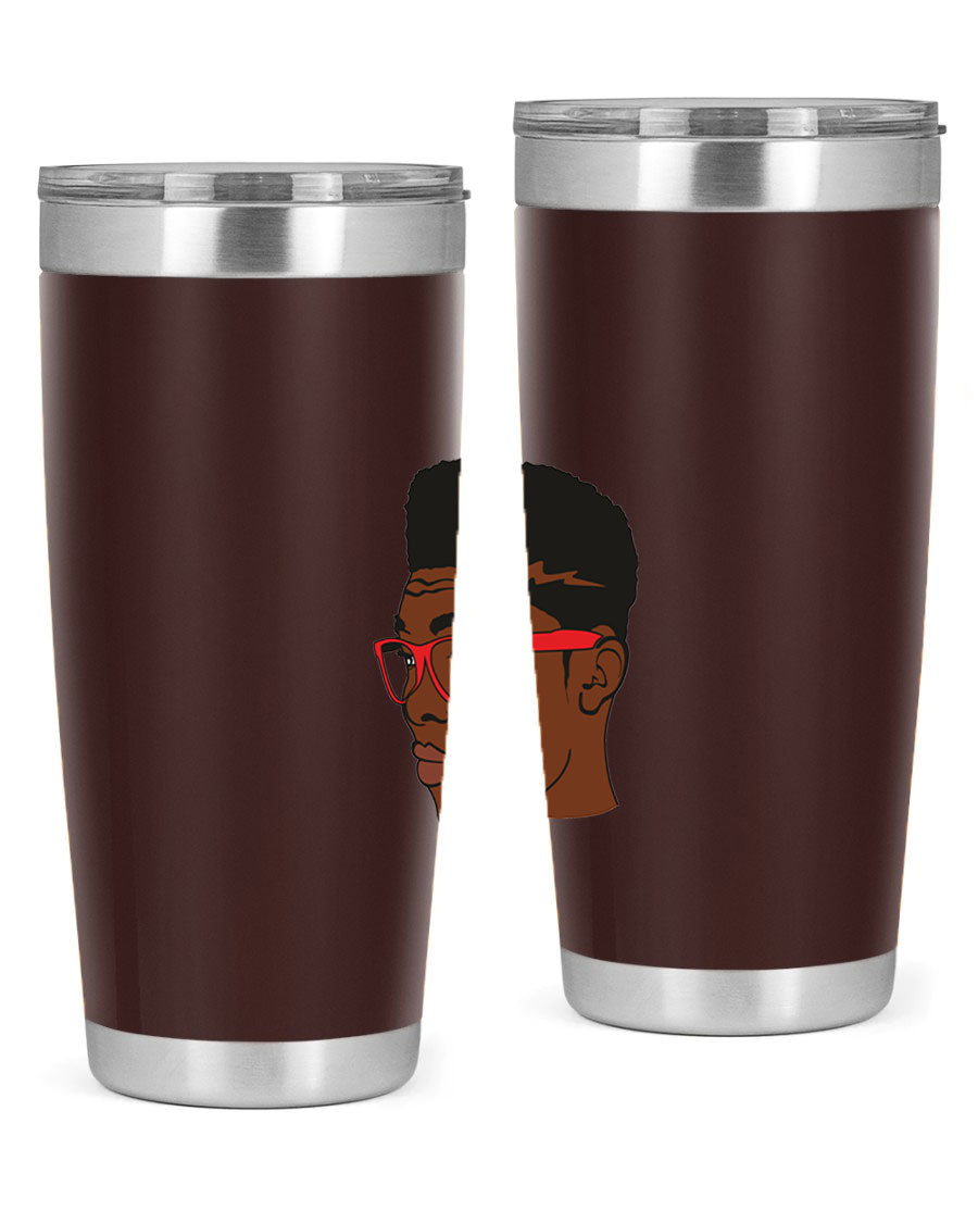 Black man tumbler featuring a sleek design, double wall vacuum stainless steel construction, and a press-in drink-thru lid.