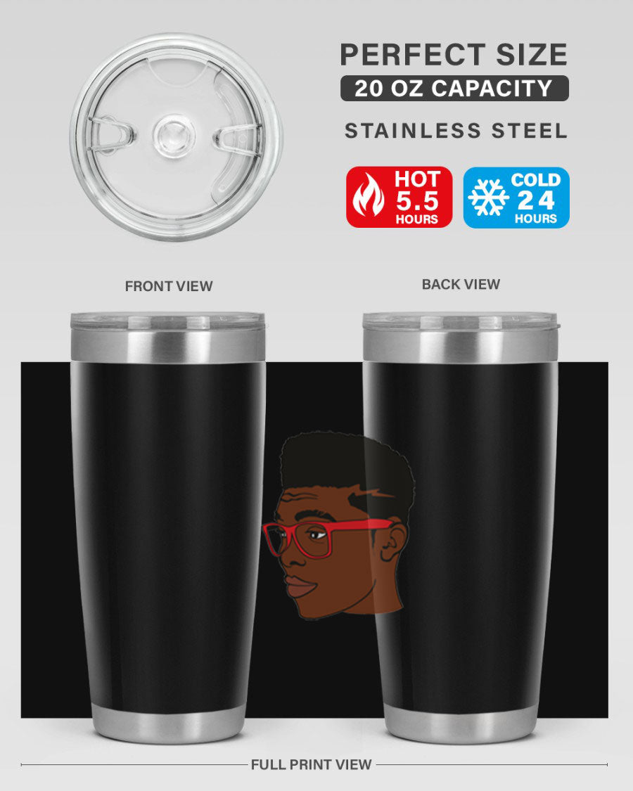 Black man tumbler featuring a sleek design, double wall vacuum stainless steel construction, and a press-in drink-thru lid.