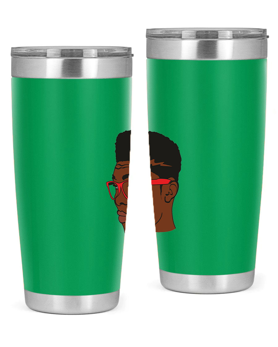 Black man tumbler featuring a sleek design, double wall vacuum stainless steel construction, and a press-in drink-thru lid.