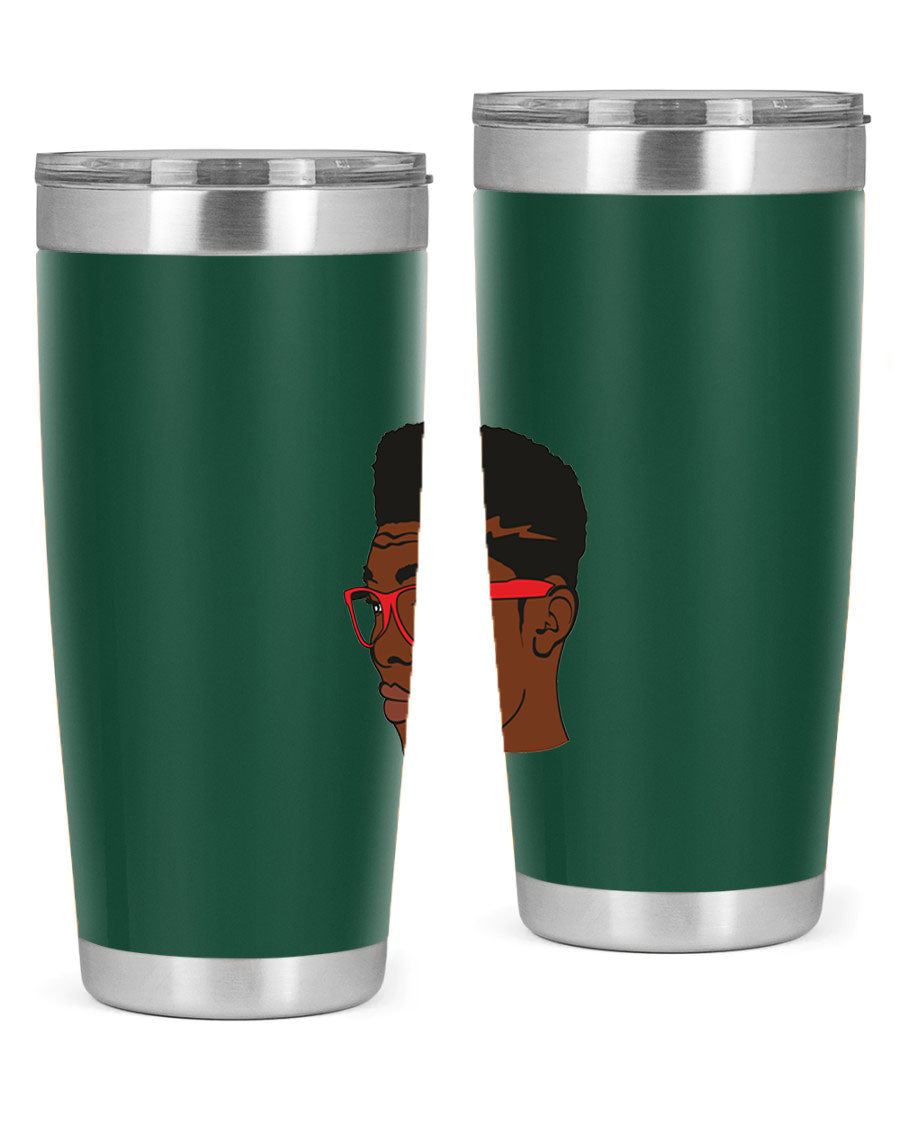 Black man tumbler featuring a sleek design, double wall vacuum stainless steel construction, and a press-in drink-thru lid.