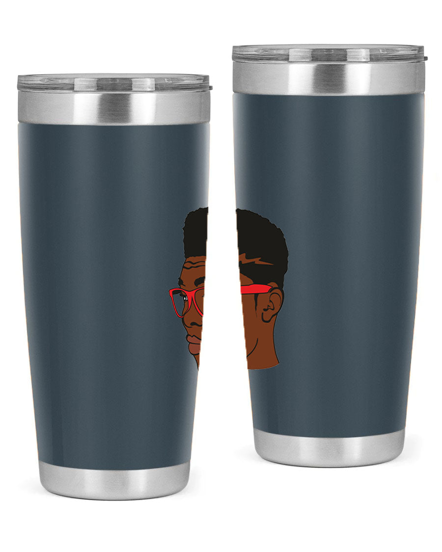 Black man tumbler featuring a sleek design, double wall vacuum stainless steel construction, and a press-in drink-thru lid.