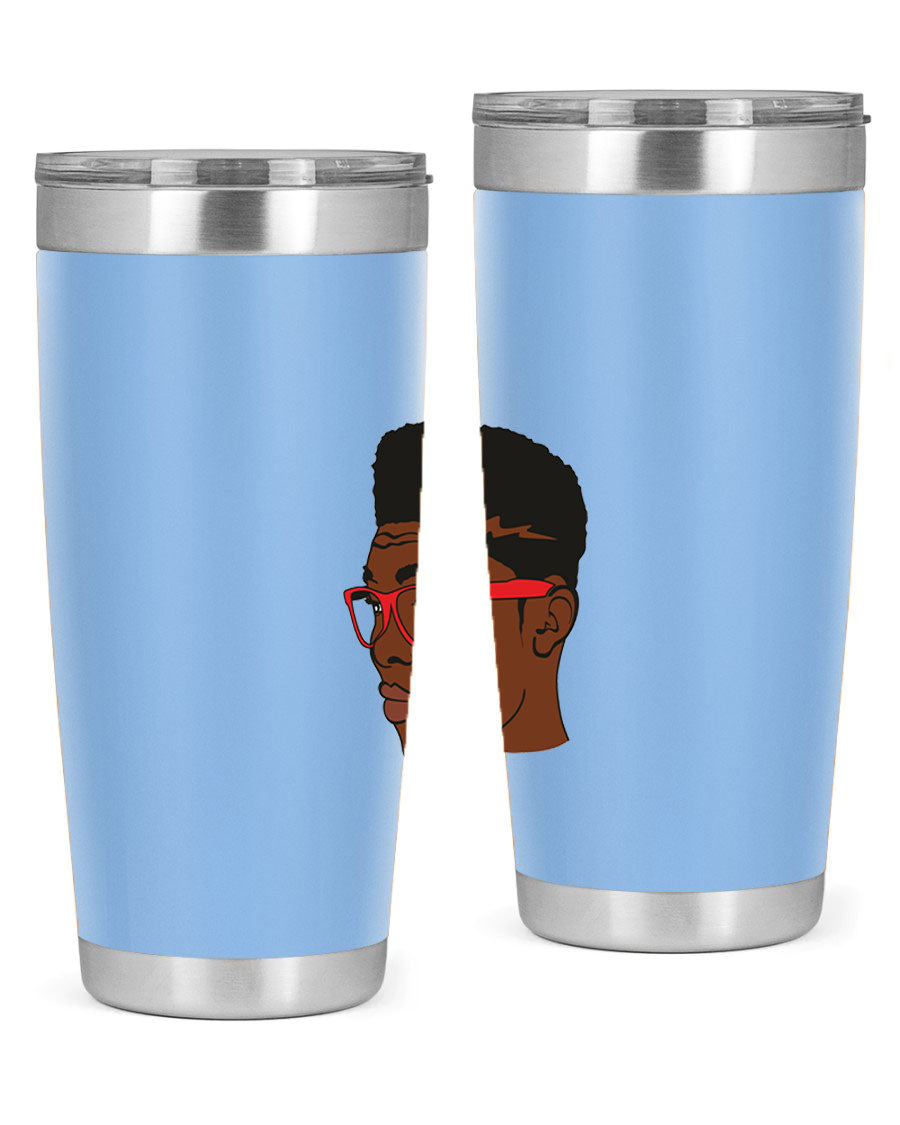 Black man tumbler featuring a sleek design, double wall vacuum stainless steel construction, and a press-in drink-thru lid.