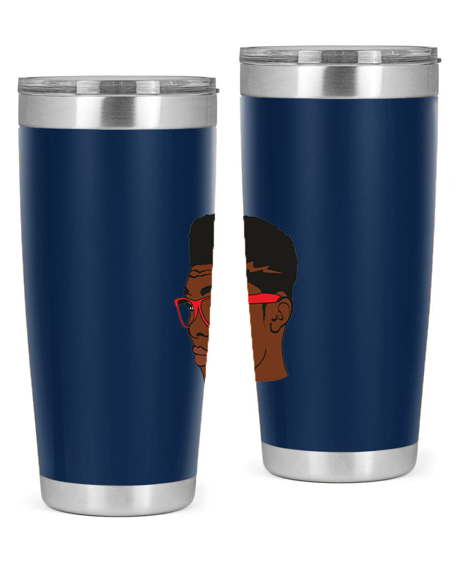 Black man tumbler featuring a sleek design, double wall vacuum stainless steel construction, and a press-in drink-thru lid.