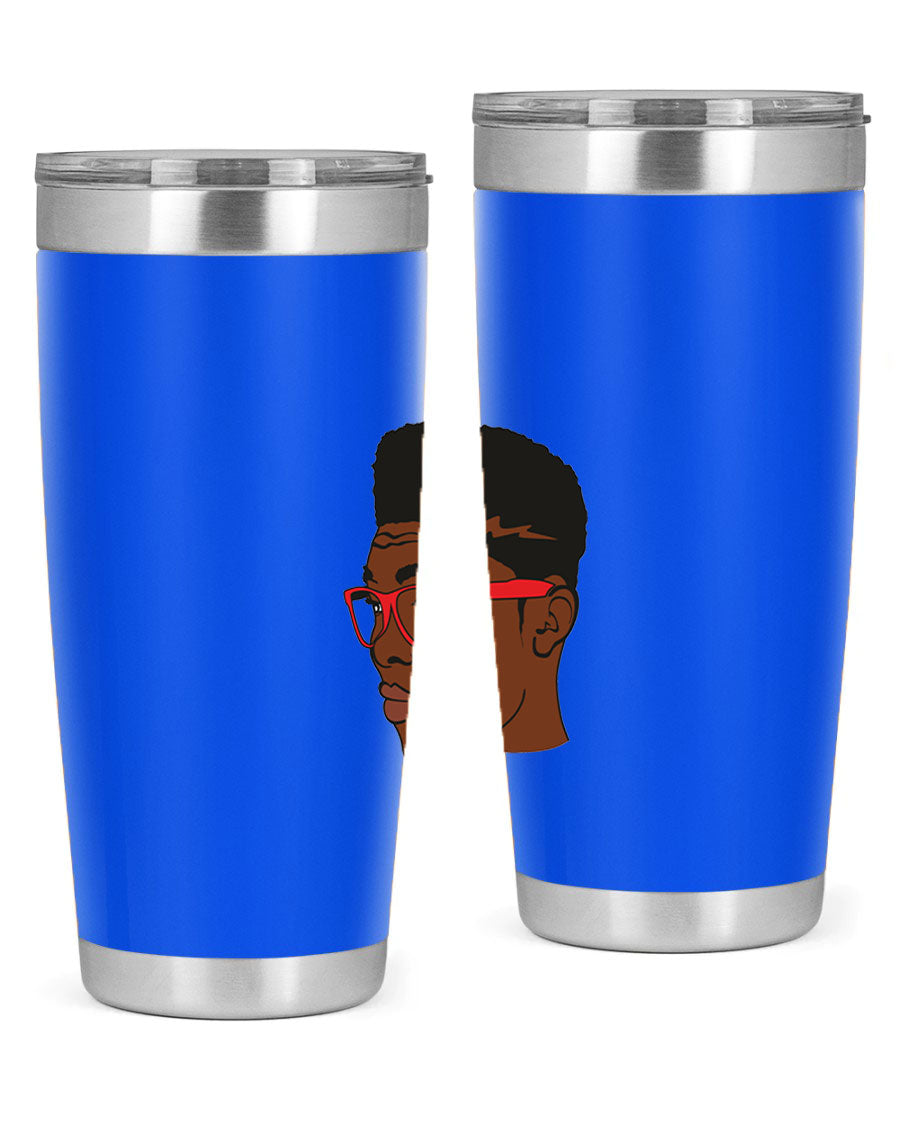 Black man tumbler featuring a sleek design, double wall vacuum stainless steel construction, and a press-in drink-thru lid.