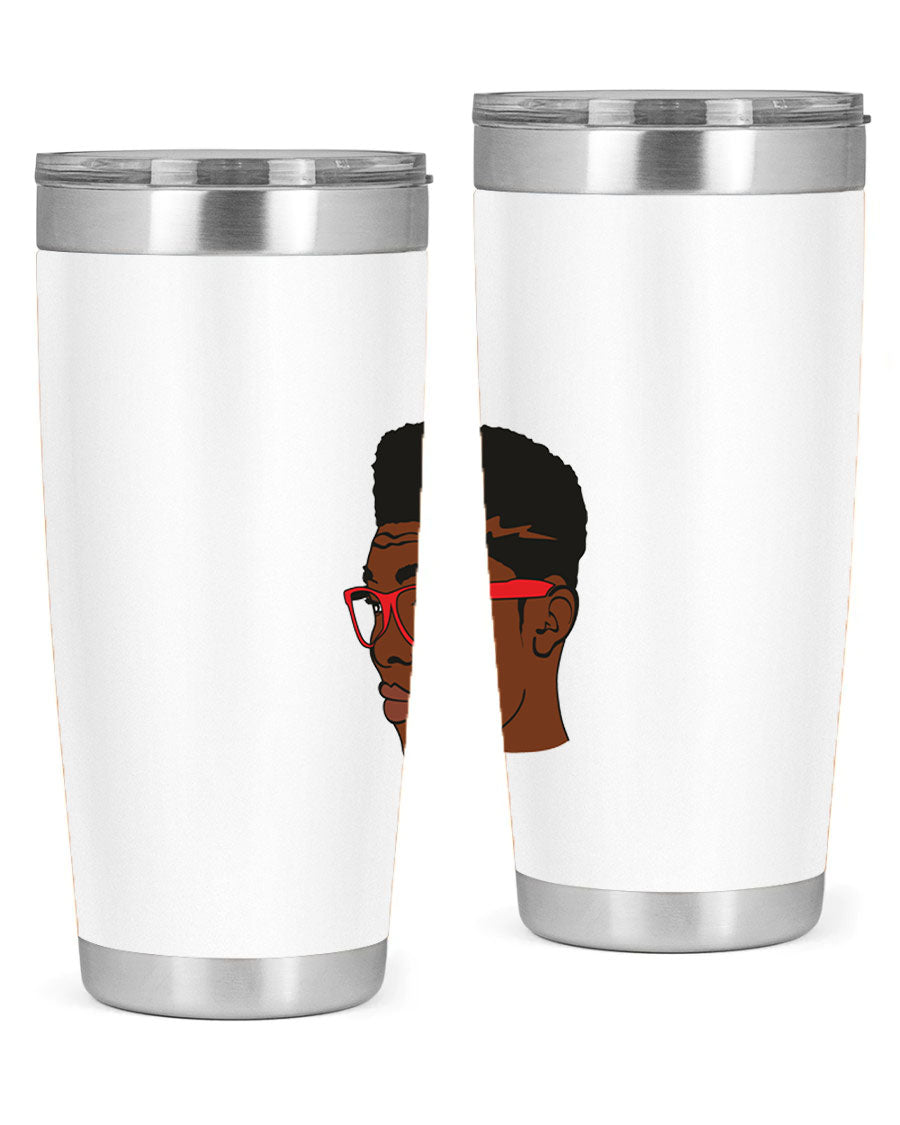 Black man tumbler featuring a sleek design, double wall vacuum stainless steel construction, and a press-in drink-thru lid.