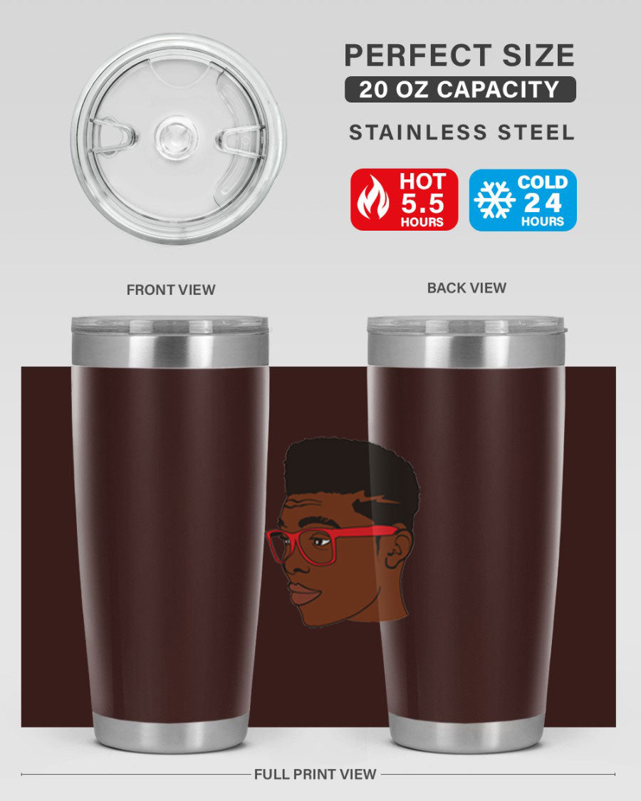 Black man tumbler featuring a sleek design, double wall vacuum stainless steel construction, and a press-in drink-thru lid.