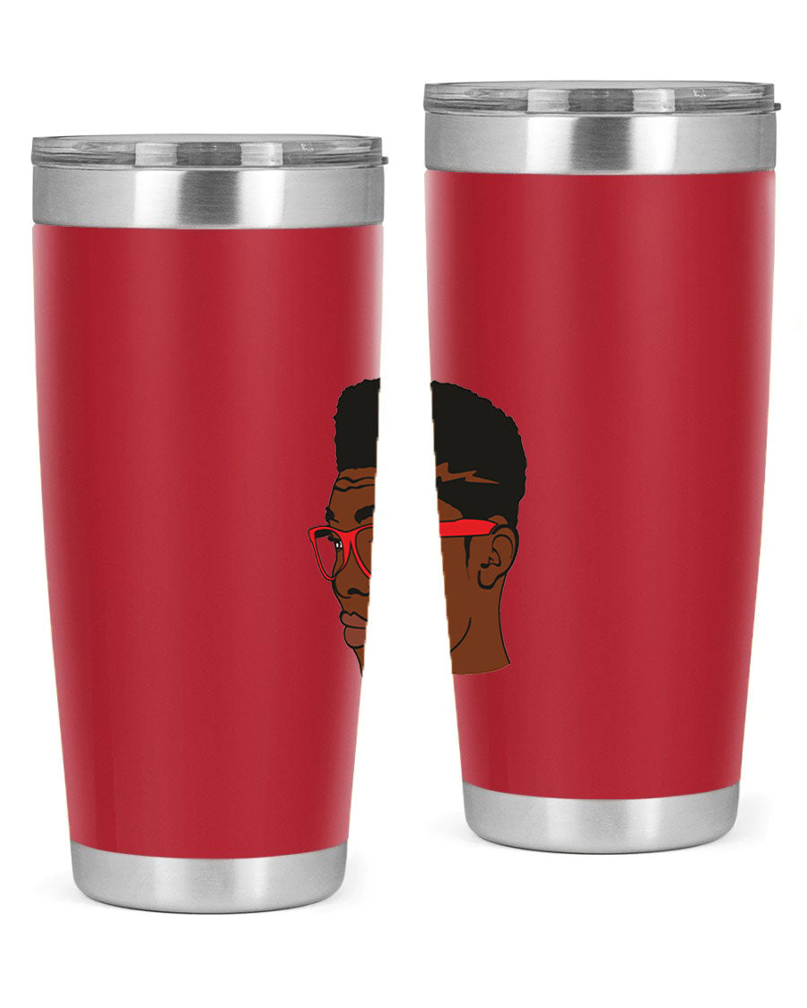 Black man tumbler featuring a sleek design, double wall vacuum stainless steel construction, and a press-in drink-thru lid.