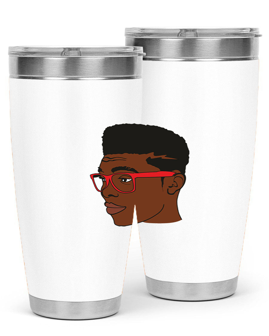 Black man tumbler featuring a sleek design, double wall vacuum stainless steel construction, and a press-in drink-thru lid.