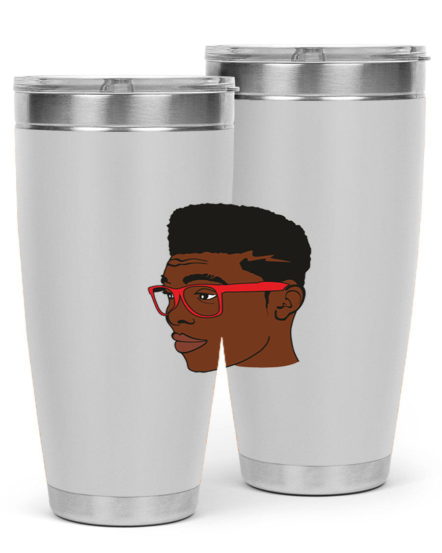 Black man tumbler featuring a sleek design, double wall vacuum stainless steel construction, and a press-in drink-thru lid.