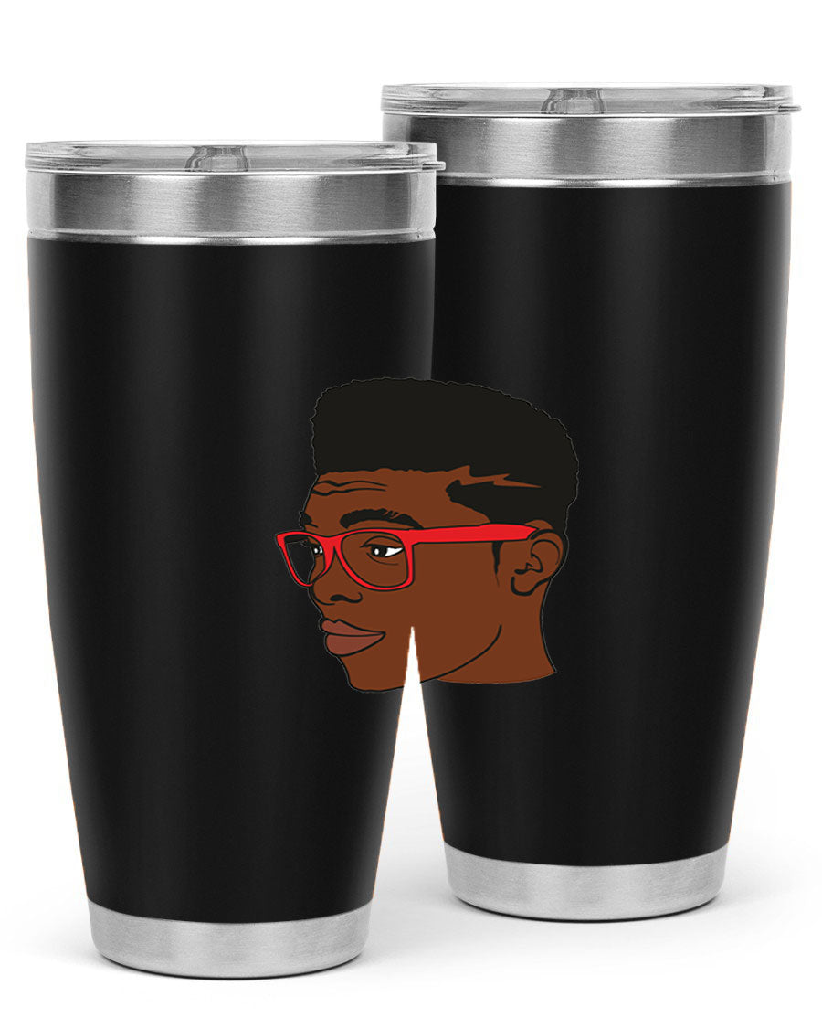 Black man tumbler featuring a sleek design, double wall vacuum stainless steel construction, and a press-in drink-thru lid.