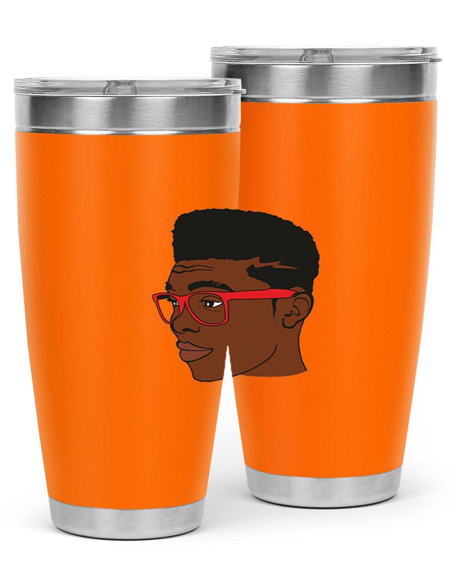 Black man tumbler featuring a sleek design, double wall vacuum stainless steel construction, and a press-in drink-thru lid.