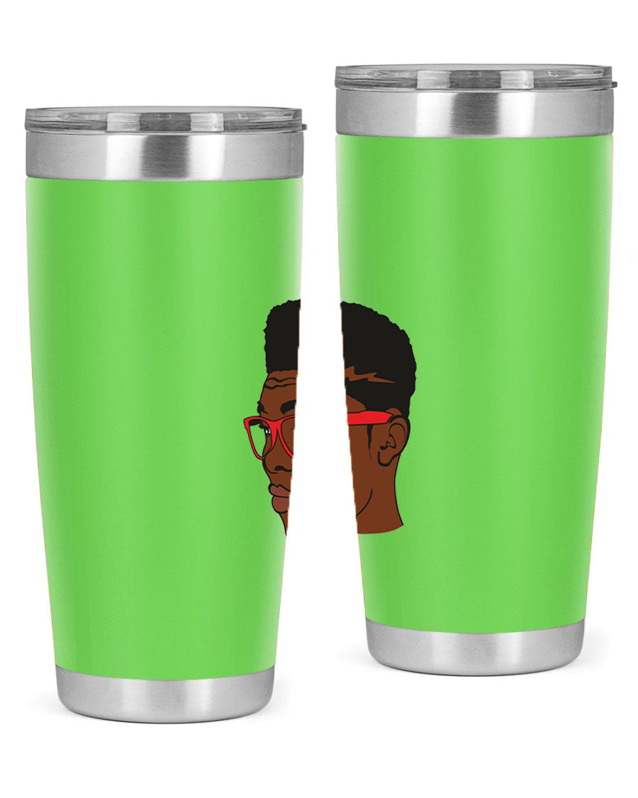 Black man tumbler featuring a sleek design, double wall vacuum stainless steel construction, and a press-in drink-thru lid.