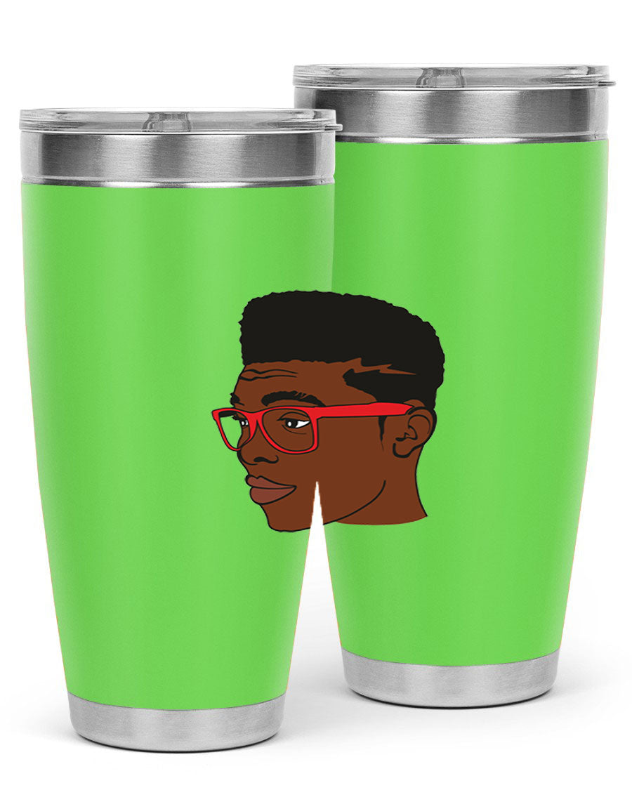 Black man tumbler featuring a sleek design, double wall vacuum stainless steel construction, and a press-in drink-thru lid.