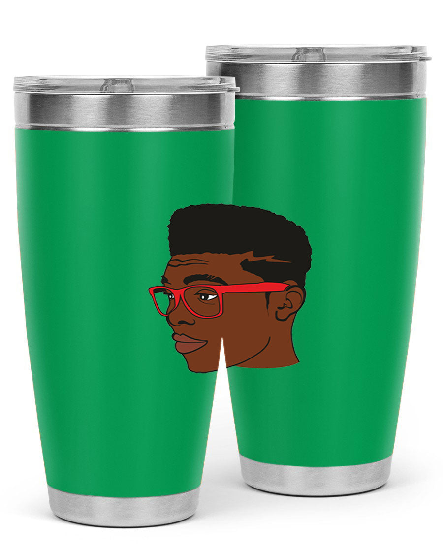 Black man tumbler featuring a sleek design, double wall vacuum stainless steel construction, and a press-in drink-thru lid.