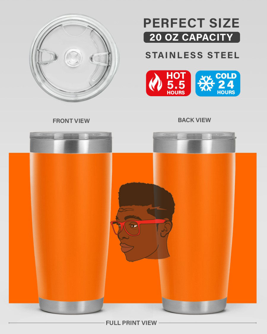 Black man tumbler featuring a sleek design, double wall vacuum stainless steel construction, and a press-in drink-thru lid.