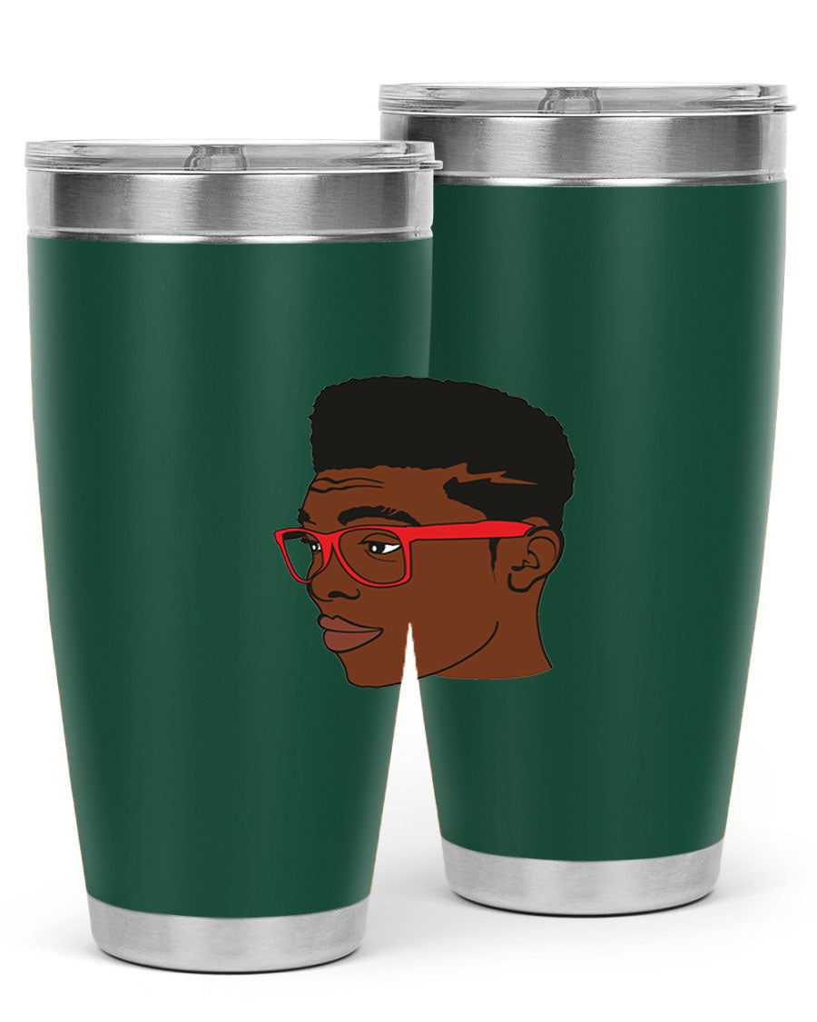 Black man tumbler featuring a sleek design, double wall vacuum stainless steel construction, and a press-in drink-thru lid.