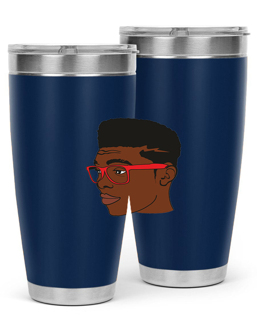 Black man tumbler featuring a sleek design, double wall vacuum stainless steel construction, and a press-in drink-thru lid.